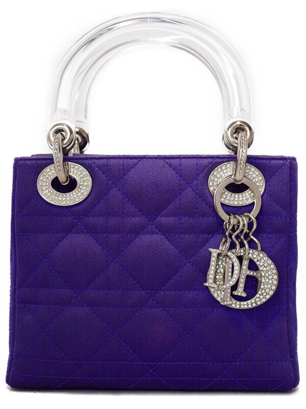 Christian Dior Lady Dior bag purple satin Cannage quilt Lucite handles